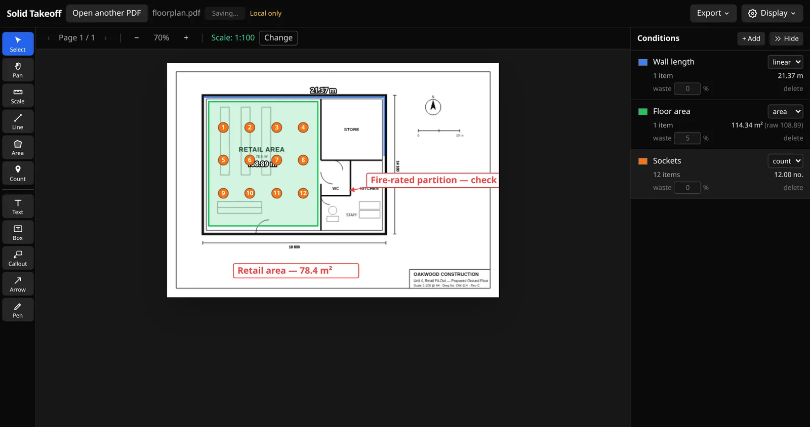 Bluebeam-style markup: a callout and text box on a plan